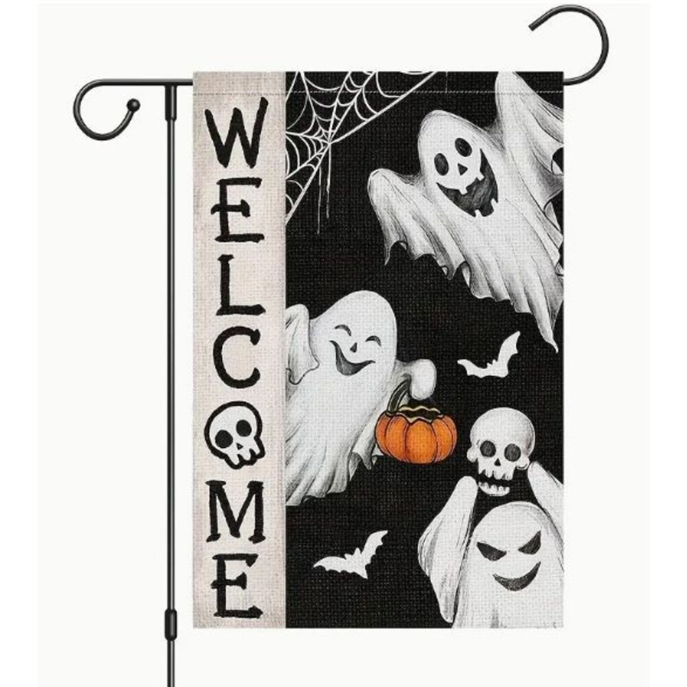 Welcome Garden Flag for Halloween 12x18in Ghosts pumpkin skulls double sided